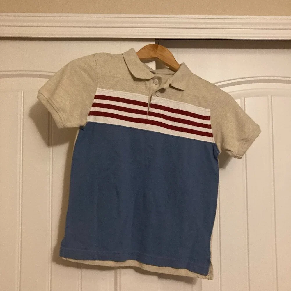 Gymboree Polo Style Collared Shirt 7 Tan with Blue Panel and Red White Stripes
